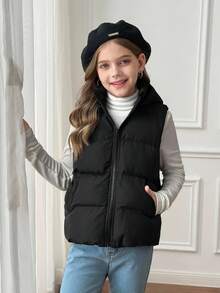 SHEIN 青少年女孩休闲舒适时尚合身短款连帽口袋绗缝黑色背心夹克 - 黑色 - 查看 1