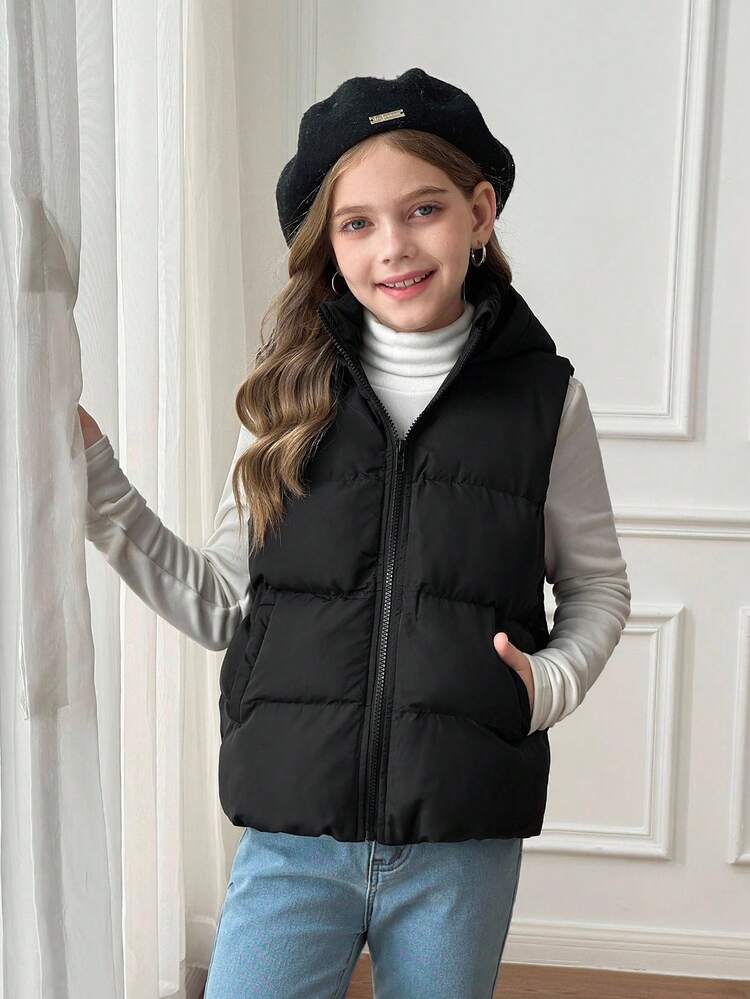 SHEIN 青少年女孩休闲舒适时尚合身短款连帽口袋绗缝黑色背心夹克 - 黑色 - 查看 1