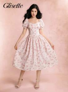 少女夏季假日风格花卉印花甜心领泡泡袖高腰连衣裙