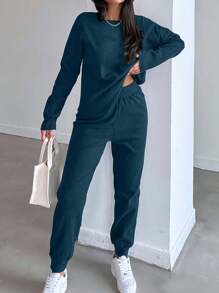 EURMUSE 2 pièces Ensemble top à manches longues lâches et pantalon de couleur unie décontracté pour femmes, printemps/automne - Vert sapin - Voir 3
