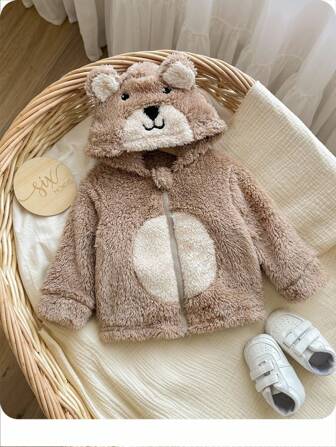 SHEIN Veste zippée en peluche à capuche avec oreilles d'ours 3D pour nouveau-nés avec manches longues