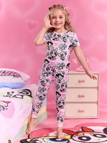 THE POWERPUFF GIRLS X SHEIN Young Girl Cartoon Pink Blossom, Bubbles, Buttercup Pattern Cute Short Sleeve T-Shirt And Pants Pajama Set - Multicolor - View 7