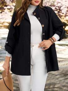 EMERY ROSE Plus Size Women Solid Color Single Breasted Casual Loose Lightweight Jacket, Button Up Jacket Winter,Back To School,Teacher,Country Autumn - Black - View 5