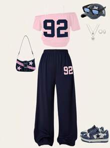 SHEIN Explorewe 2件套青少年女孩校园休闲通勤斜肩短袖裤装