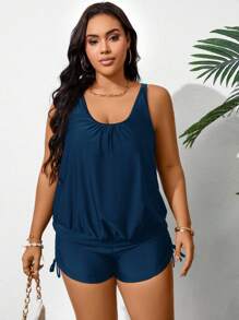 Swim Lushoire Plus Size Women's Simple Solid Color Round Neck Drawstring Ruched Tankini Swimsuit, Summer Beach Holiday Style Plus Size Summer Set - Navy Blue - View 3