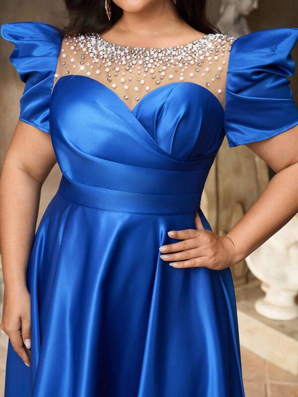 Aureia Robe évasée avec manches bouffantes, design perlé élégant et romantique, avec ourlet volant. Convient pour les soirées, les rendez-vous, les remises de diplômes, les anniversaires, les mariages. Couleur : Bleu