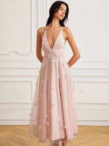Aveloria Rosie Sweet Pink Mesh Halter Tie Long Dress With 3D Floral Beaded Embellishment, Backless Sexy Sleeveless Dress - Multicolor - View 3
