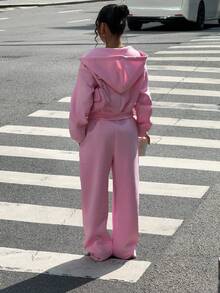 Muchica 女士纯色插肩袖拉链连帽运动衫和裤子休闲运动套装 - 淺粉色 - 查看 2