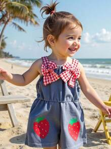 女婴蝴蝶装饰格子连体裤短裤 - 淺色水洗藍 - 查看 2