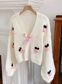 Comfortcana Damen Große Größen Lässig 3D Blumen leichte Strickjacken, Herbst/Winter