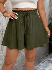 EMERY ROSE Plus Size Women Textured Fabric Casual Loose Solid Color Shorts - Army Green - View 1