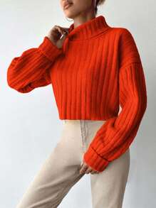 EURMUSE Women Solid Color High Collar Drop Shoulder Ribbed Knit Cropped Casual Sweater,Jumper,Cream Jumper,Jumpers,Black Jumper,Womens Jumper,White Jumper,Women's Jumper,Women's Jumpers,Winter Clothes - Orange - View 4