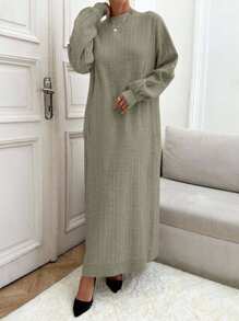 EURMUSE Casual Rib Knit Maxi Long Sleeve Crew Neck Sweater Dress,Winter Dresses For Women,Petite - Mocha Brown - View 4