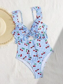 Swim Mod Summer Vacation Sexy Random Print Ruffled Hollow Backless One-Piece Swimsuit For Women