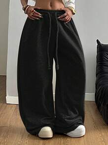 Coolane 女士夏季街头休闲宽松弹力腰带舒适弯刀裤 - 黑色 - 查看 2