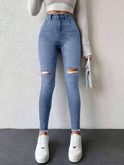 EURMUSE 98% bawełny Damskie niebieskie jeansy z wysokim stanem i podartymi dziurami