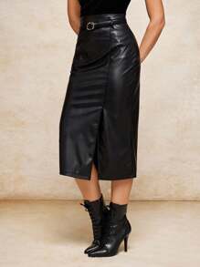 House of One High-Waist PU Split Midi Skirt Women Elegant Brown Skirt Fall Winter Black Midi Skirt Belt Skirt Faux Leather Skirt Midi Black Skirt Black Leather Midi Skirt Fall Women Clothes Old Money Office Outfits For Women Old Money Fall Outfits Business Professional Women Business Casual Woman