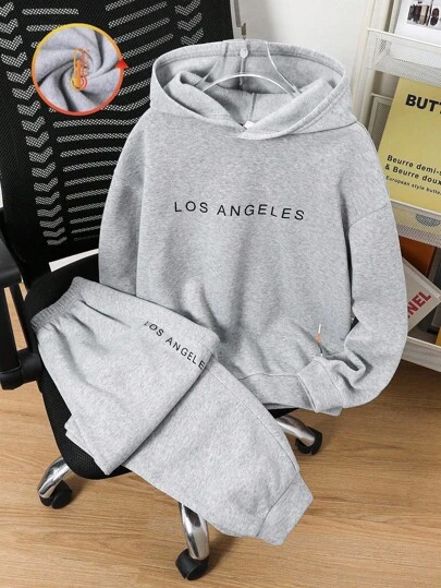 2 件套青少年男童休闲日常百搭舒适字母印花连帽运动衫和宽松慢跑裤套装