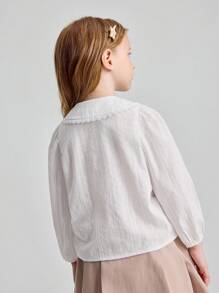Ontre Young Girl Contrast Lace Peter Pan Collar Lantern Sleeve White Casual Blouse, Autumn/Spring Fall Winter - White - View 2