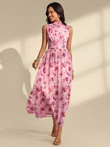 Almamuse Women's Tie-Dye Floral Print Dress With Flared Hem And Sleeveless High Collar - Coral Pink - View 3