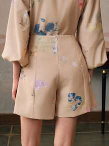 Anewsta Quần short ống rộng in họa tiết hoa mùa hè cho nữ - Màu Khaki - Xem 2