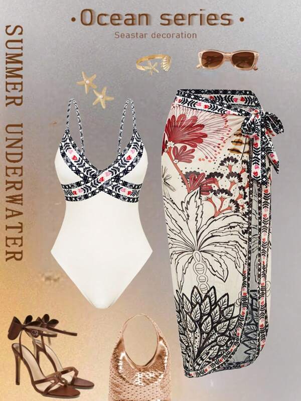 Swim Oasis 2pcs Women Summer Beach Vacation Printed Cami & Adjustable Strap One Piece Swimsuit With Long Wrap Skirt, Premium Swimwear Set