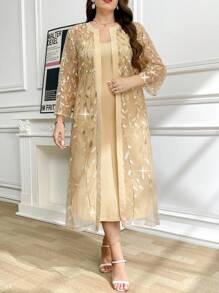 Ellevyn 加大码两件套：优雅网眼亮片叶刺绣开衫和连衣裙，夏季 - 香檳色 - 查看 7