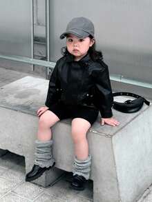 Dazy Kids Baby Girl Fashionable Versatile Solid Color Collar Jacket,Toddler Fall Clothes - Black - View 5