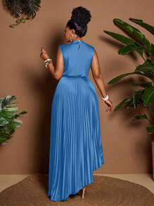 Maweii 加大码缎面无袖褶皱优雅派对连衣裙 - 藍色 - 查看 2