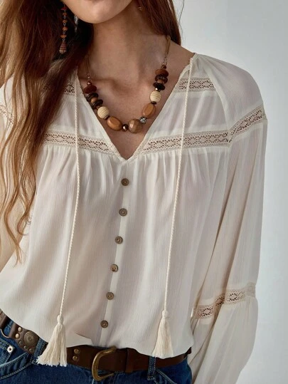 Florisole 女士波西米亚浪漫梦幻镂空撞色蕾丝装饰流苏复古灯笼袖宽松薄纱白色雪纺衬衫，春秋季全白休闲女装