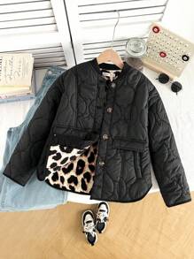 SHEIN 青少年女孩宽松休闲简约舒适豹纹印花圆领弧形下摆夹克 - 黑色 - 查看 1