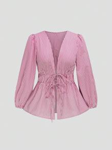 Sweetra Áo sơ mi dài tay kẻ sọc thắt eo thường ngày cỡ lớn cho đi làm hàng ngày - Đỏ - Xem 1