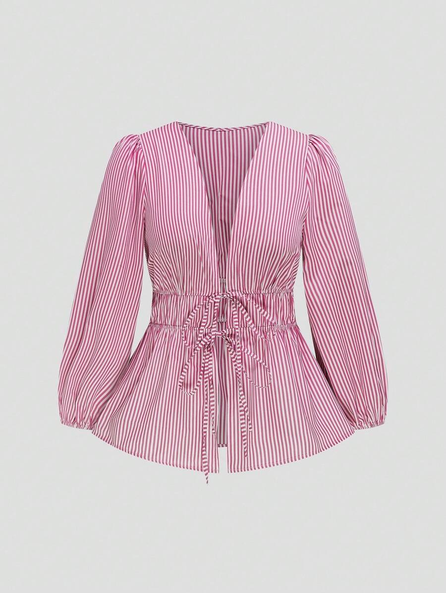 Sweetra Áo sơ mi dài tay kẻ sọc thắt eo thường ngày cỡ lớn cho đi làm hàng ngày - Đỏ - Xem 1