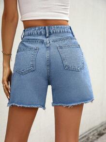 EMERY ROSE Women Casual Street Style Frayed Pocket Denim Shorts - Medium Wash - View 2
