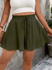 EMERY ROSE Plus Size Women Textured Fabric Casual Loose Solid Color Shorts - Army Green - View 3