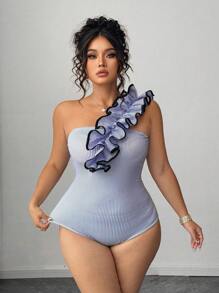 Elenzga Plus Size Women 2-Piece Set:Ruffle Trim Asymmetric Shoulder Jumpsuit & Black Splicing Skirt,Light Blue,Summer,Curve,Elegant,Cocktail Party Vacation - Multicolor - View 6