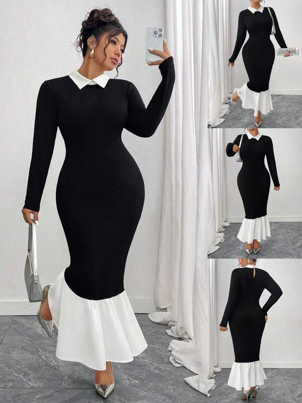 Elenzga Robe élégante de grande taille bicolore et patchwork avec queue de poisson