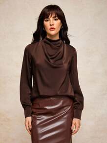 House of One Ruched Mock Neck Long Sleeve Satin Top Women Elegant Casual Old MoneyTop Brown Top Brown Blouse Chocolate Brown Top Dark Brown Top Coffee Brown Top Fall Women Clothes Office Old Money Outfits For Women Fall Outfits Business Professional Women Business Casual Woman