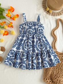 SHEIN Young Girl Adorable Floral Print Ruffle Hem Vacation Dress, Summer Blue And White Dress Girls Blue White Dresses Tween Girls Sundress Girls Summer Dress Sleeveless Aline Dress Girls