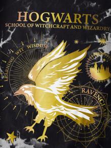 HARRY POTTER X SHEIN Tween Boy Summer Gold Eagle Black & White Tie-Dye Stylish Black Casual Versatile Short Sleeve T-Shirt - Multicolor - View 5