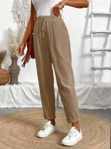 Calvaya Solid Color Elastic Waistband Tapered Pants With Diagonal Pockets And Tie Belt For Casual And Versatile Look,Ladies Spring/Fall Casual Drawstring,Pocket Natural Jogger Cropped Khaki Regular Fit Women Pants,Casual Daily Wear