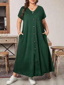 SHEIN Essnce 大码女装春夏时尚休闲宽松舒适日常短袖黑色V领口袋长裙，女装夏季服装，女装教堂服装，老钱风格女装，女装教师服装，女装机场服装 - 墨綠色 - 查看 7