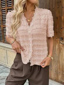 EMERY ROSE 优雅合身短袖 V 领蕾丝拼接前开襟机制面料杏色春夏女式衬衫