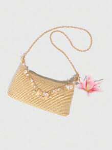 ROMWE Fairycore 1pc Tropical Vacation Style Sea Element Star Chain Decor Straw Shoulder Bag, Lily Flower Decor Underarm Tote Bag - Multicolor - View 5