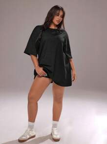 Rustia Plus Size Solid Drop Shoulder Tee CASUAL - Black - View 7