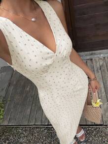 Sunnyshic Textured Ditsy Floral V-Neck Waist Cinched A-Line Long Dress