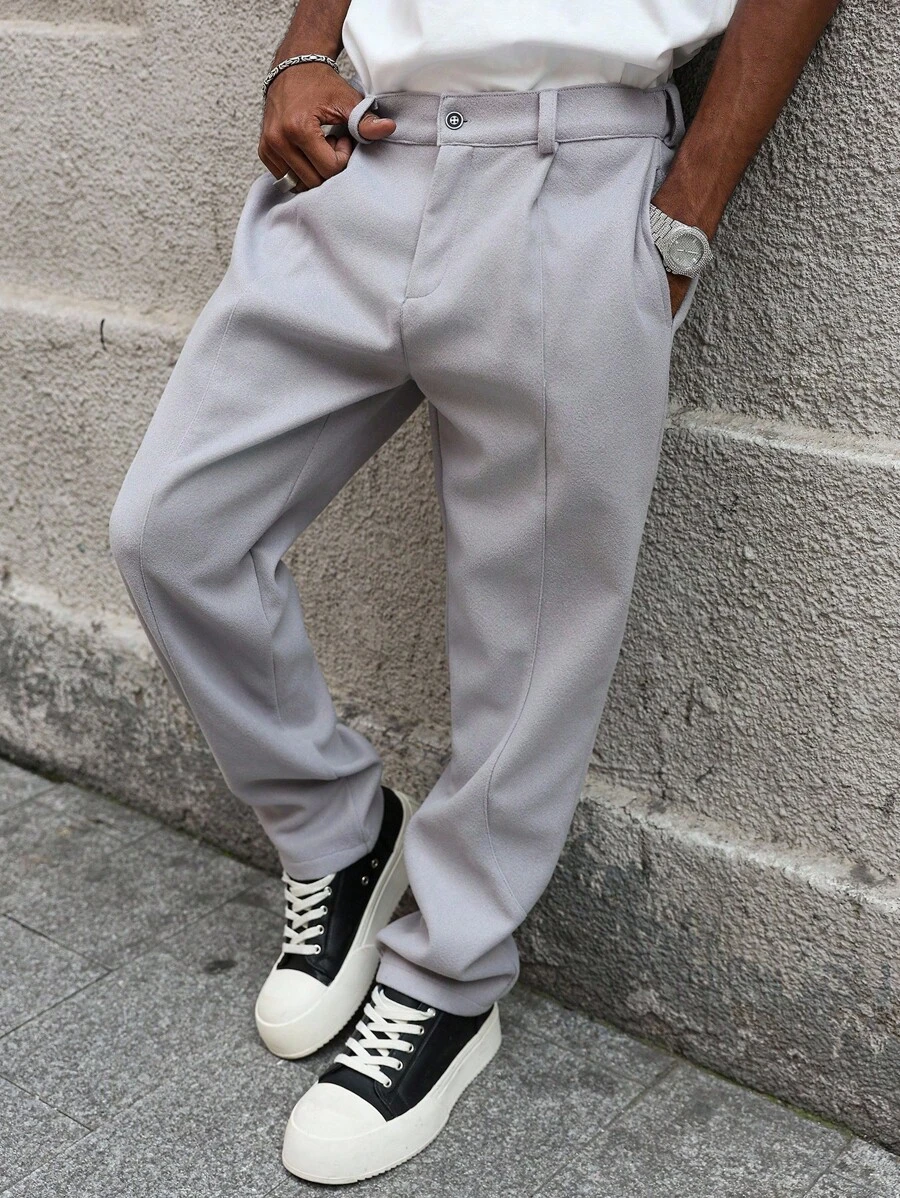 Manfinity Hypemode 男士休闲 INS 风格宽松直筒裤，适合所有季节和日常穿着，是送给男朋友/丈夫的绝佳礼物，休闲，Y2K 风格，浅灰色裤子 - 灰色 - 查看 1
