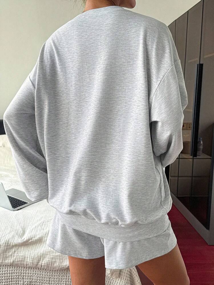 Women Round Neck Long Sleeve Loose Shorts 2 Pieces Set Lounge Sets For Women