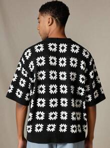 SWAVVY Maglietta a maniche corte in maglia con stampa all-over e bottoni, modello estivo da uomo