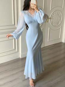 Modelyn Đầm ôm eo cổ chữ V cho nữ - Màu xanh lam - Xem 4